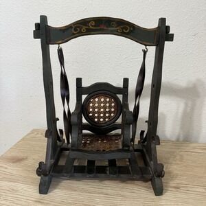 Primitive Antique Victorian Miniature Wooden Doll Swing Rattan Wicker Gothic‎
